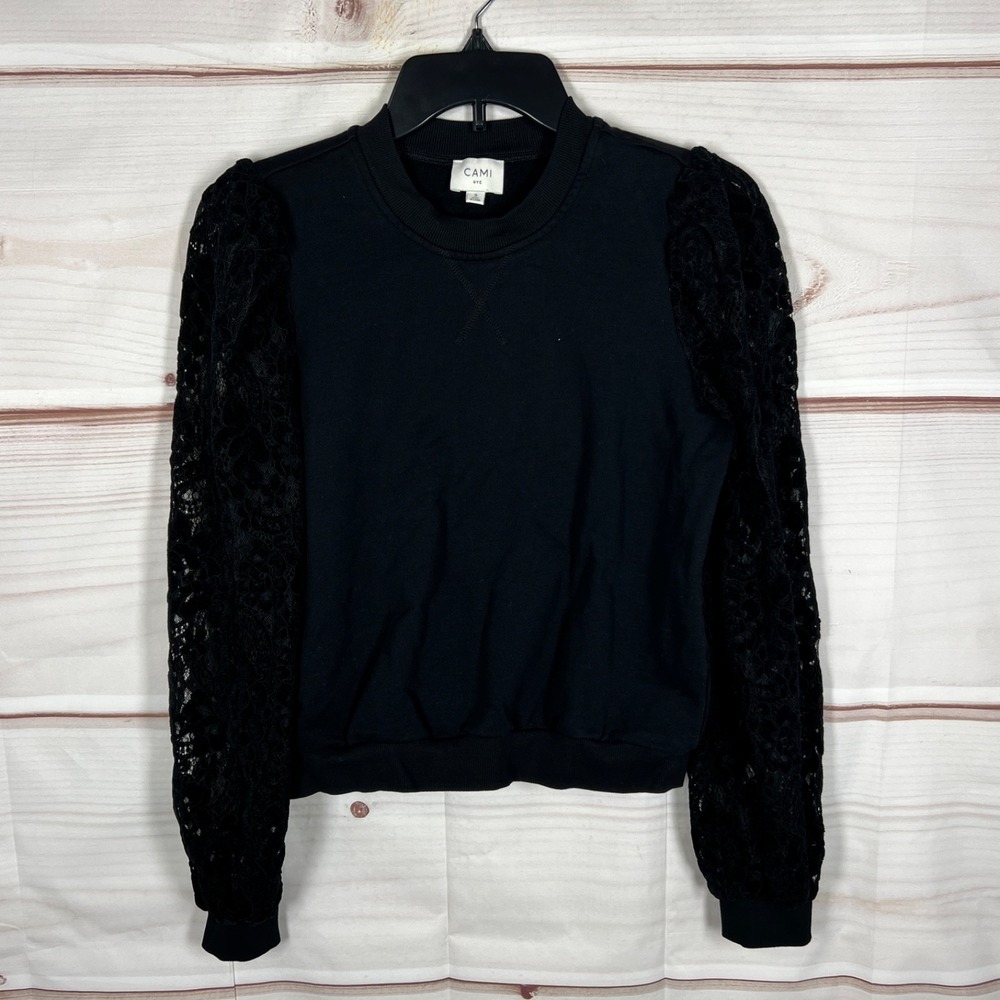 Cami NYC Top Womens Small Black Cotton Sweatshirt Lace Sleeve Crew Neck Pullover